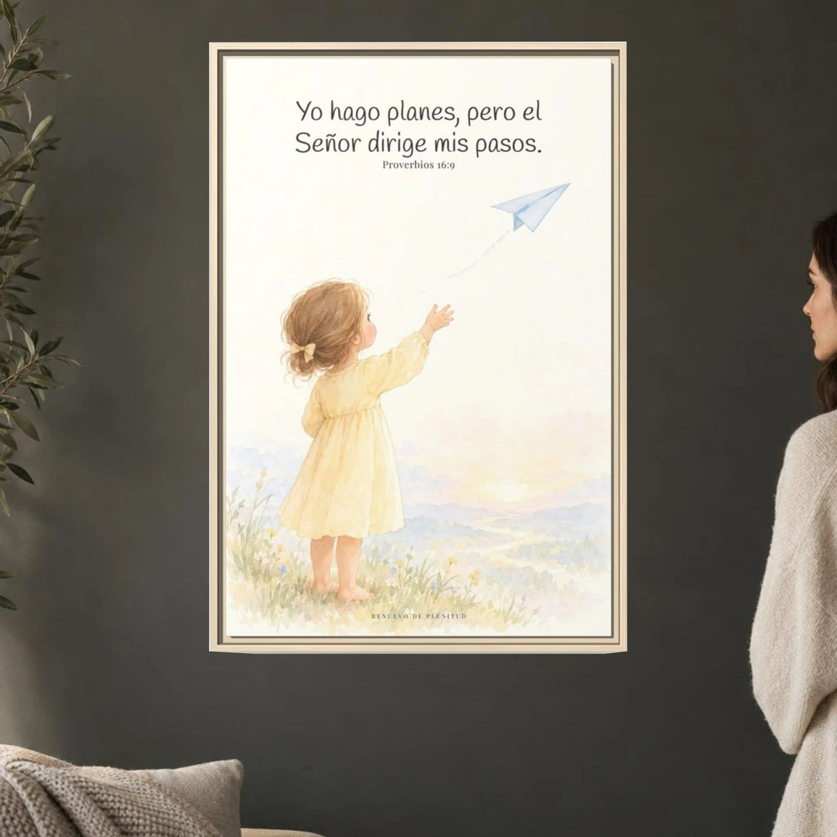 Jehová dirige mis pasos — Lienzo Cristiano Enmarcado | Proverbios 16:9 — 24×36 pulgadas, marco natural, vista frontal ambiental, escala física calibrada