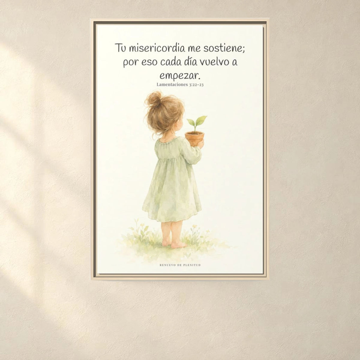 Por la misericordia de Jehová no fuimos consumidos — Lienzo Cristiano Enmarcado | Lamentaciones 3:22-23 — 24×36 pulgadas, marco natural, vista frontal ambiental, escala física calibrada