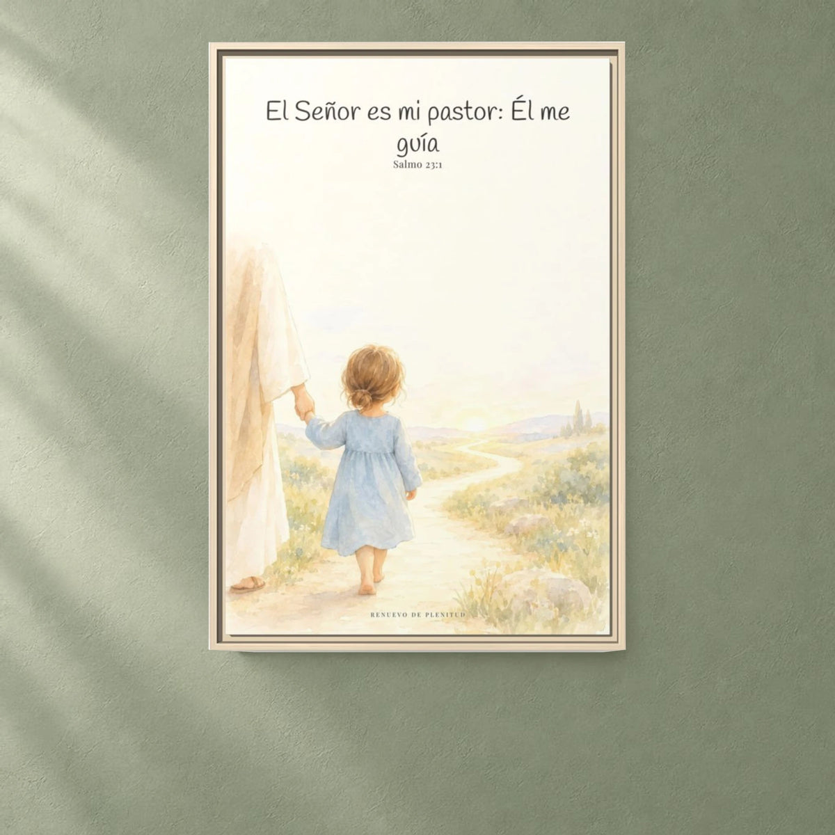 El Señor es mi pastor; Él me guía — Lienzo Cristiano Enmarcado | Salmo 23:1 — 24×36 pulgadas, marco natural, vista frontal ambiental, escala física calibrada