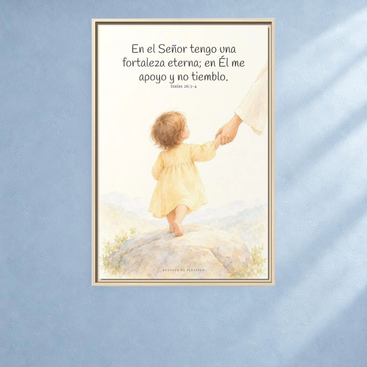 El Señor es mi fortaleza eterna — Lienzo Cristiano Enmarcado | Isaías 26:3-4 — 24×36 pulgadas, marco natural, vista frontal ambiental, escala física calibrada