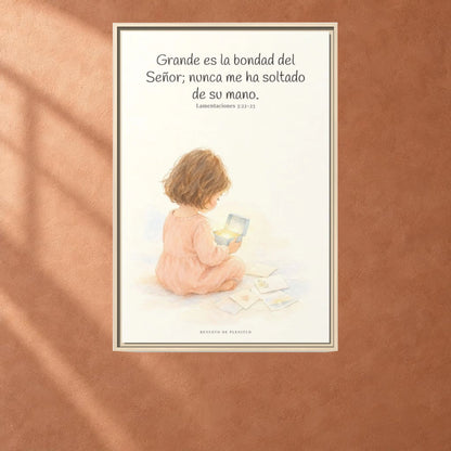 Grande es la bondad del Señor conmigo — Lienzo Cristiano Enmarcado | Lamentaciones 3:22-23 — 24×36 pulgadas, marco natural, vista frontal ambiental, escala física calibrada