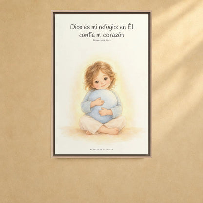 En Dios encuentro mi refugio | Cuadro bíblico para el hogar | Proverbios 30:5 — 24×36 pulgadas, marco natural, vista frontal ambiental, escala física calibrada
