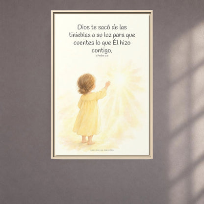 Para que anuncies las maravillas de Dios — Lienzo Cristiano Enmarcado | 1 Pedro 2:9 — 24×36 pulgadas, marco natural, vista frontal ambiental, escala física calibrada