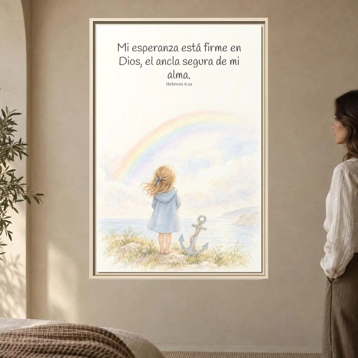 Mi esperanza está firme en Dios — Lienzo Cristiano Enmarcado | Hebreos 6:19 — 24×36 pulgadas, marco natural, vista frontal ambiental, escala física calibrada