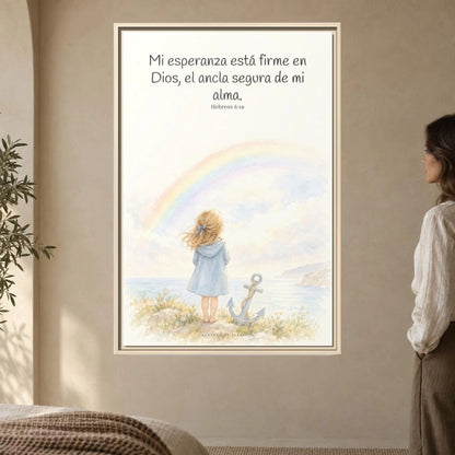 Mi esperanza está firme en Dios — Lienzo Cristiano Enmarcado | Hebreos 6:19 — 24×36 pulgadas, marco natural, vista frontal ambiental, escala física calibrada