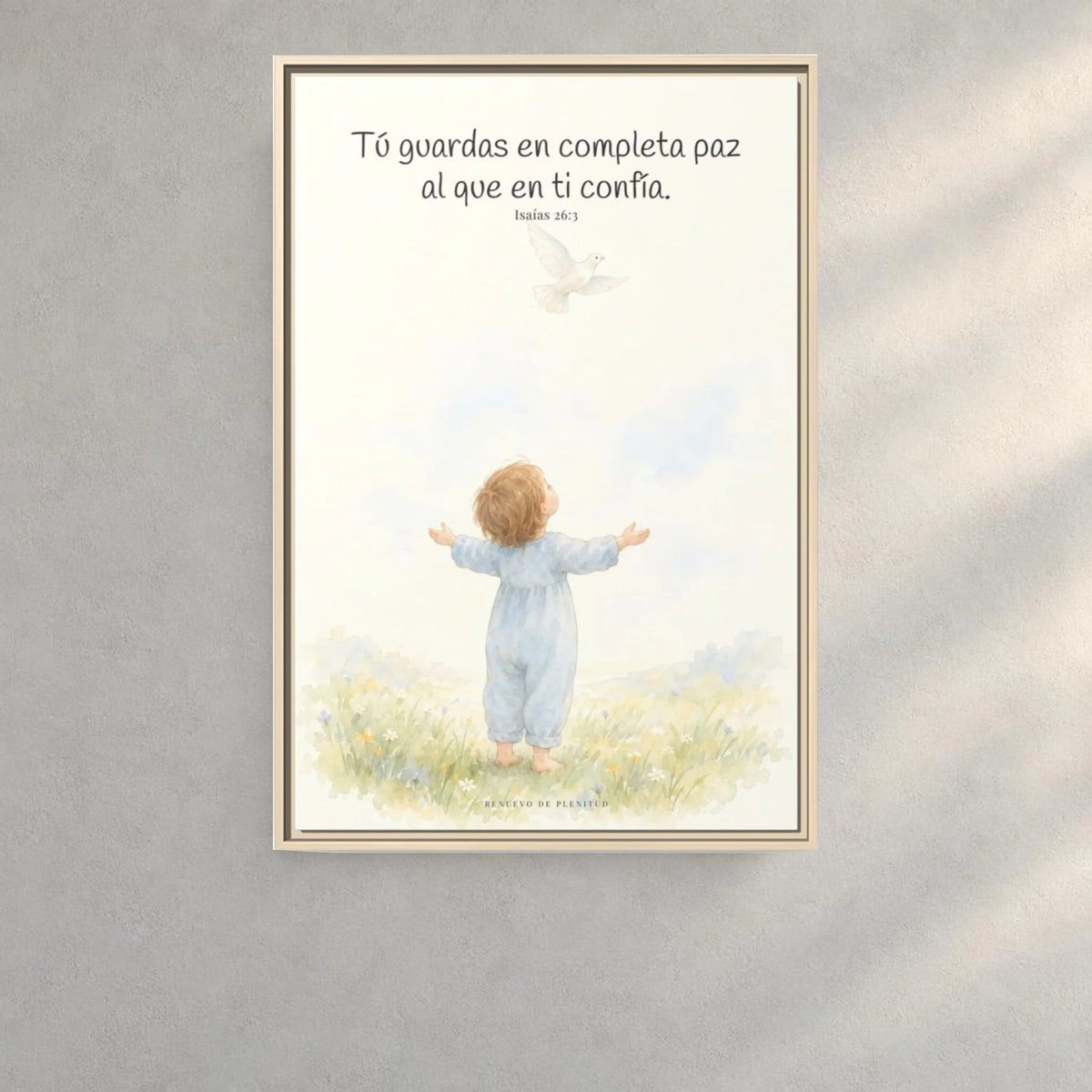 Tú guardas en paz al que confía en ti — Lienzo Cristiano Enmarcado | Isaías 26:3 — 24×36 pulgadas, marco natural, vista frontal ambiental, escala física calibrada