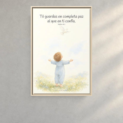 Tú guardas en paz al que confía en ti — Lienzo Cristiano Enmarcado | Isaías 26:3 — 24×36 pulgadas, marco natural, vista frontal ambiental, escala física calibrada