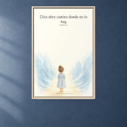 Dios abre camino donde no lo hay — Lienzo Cristiano Enmarcado | Éxodo 14:13 — 24×36 pulgadas, marco natural, vista frontal ambiental, escala física calibrada