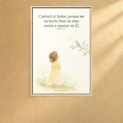 Cantaré a Jehová porque me ha hecho bien — Lienzo Cristiano Enmarcado | Salmo 13:5-6 — 24×36 pulgadas, marco natural, vista frontal ambiental, escala física calibrada