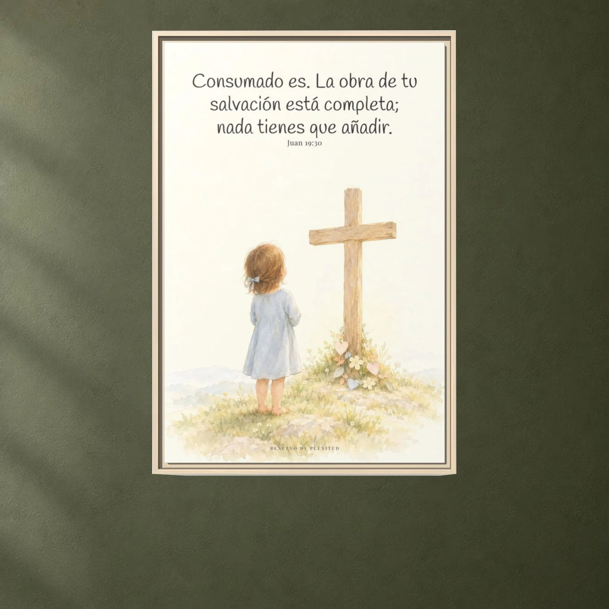 Consumado es: ya nada falta en la obra de Cristo — Lienzo Cristiano Enmarcado | Juan 19:30 — 24×36 pulgadas, marco natural, vista frontal ambiental, escala física calibrada