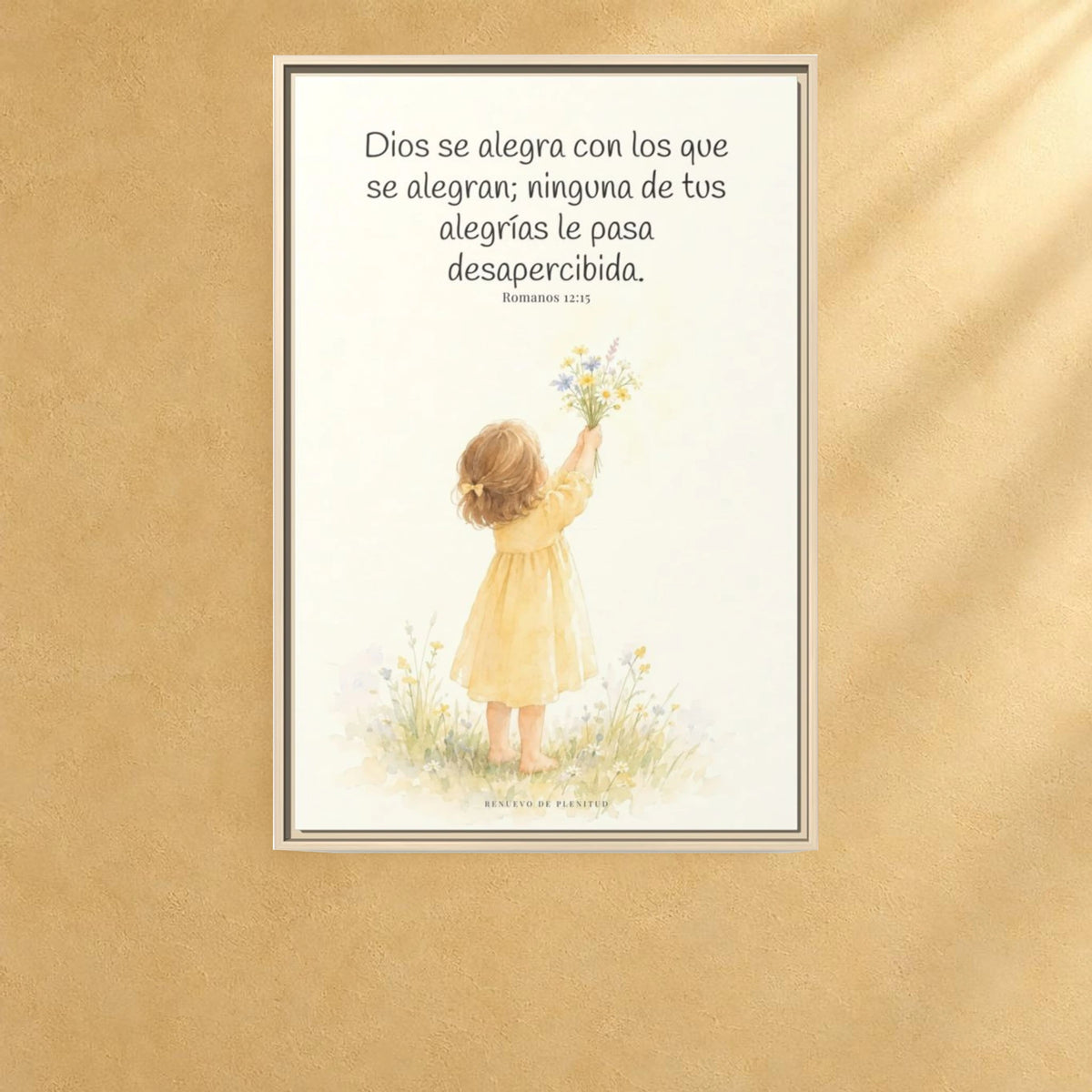 Dios se alegra con los que se alegran — Lienzo Cristiano Enmarcado | Romanos 12:15 — 24×36 pulgadas, marco natural, vista frontal ambiental, escala física calibrada