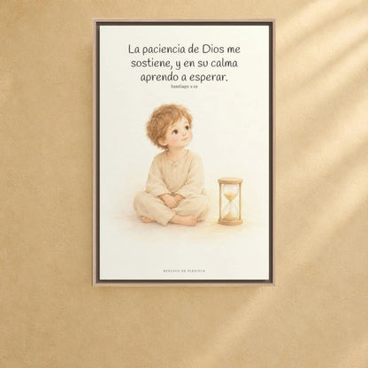 En la paciencia de Dios encuentro reposo | Cuadro de fe enmarcado | Santiago 1:19 — 24×36 pulgadas, marco natural, vista frontal ambiental, escala física calibrada