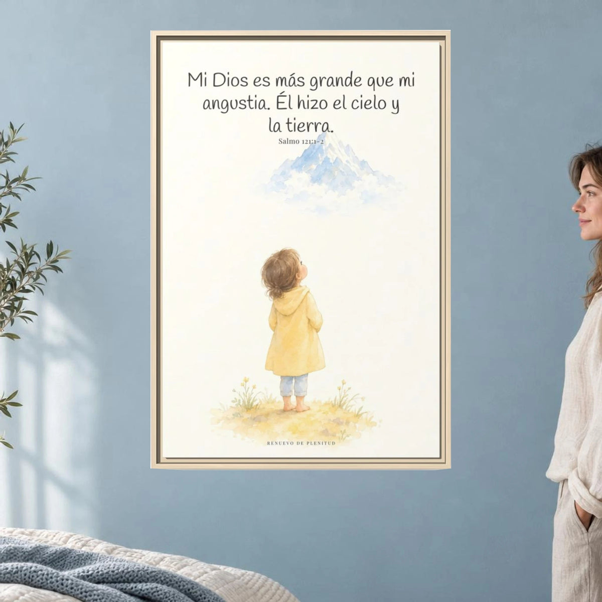 Mi Dios es más grande que mi angustia — Lienzo Cristiano Enmarcado | Salmo 121:1-2 — 24×36 pulgadas, marco natural, vista frontal ambiental, escala física calibrada