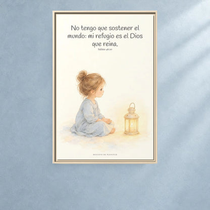 El Señor de los ejércitos está con nosotros — Lienzo Cristiano Enmarcado | Salmo 46:10 — 24×36 pulgadas, marco natural, vista frontal ambiental, escala física calibrada