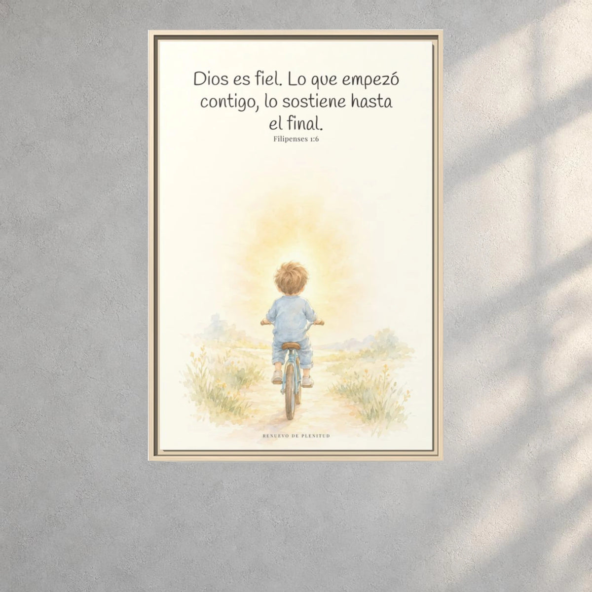 Dios es fiel y no deja a medias lo que promete | Cuadro bíblico para el hogar | Filipenses 1:6 — 24×36 pulgadas, marco natural, vista frontal ambiental, escala física calibrada