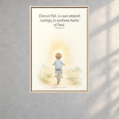 Dios es fiel y no deja a medias lo que promete | Cuadro bíblico para el hogar | Filipenses 1:6 — 24×36 pulgadas, marco natural, vista frontal ambiental, escala física calibrada