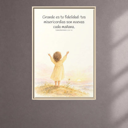 Grande es tu fidelidad, oh Dios — Lienzo Cristiano Enmarcado | Lamentaciones 3:22-23 — 24×36 pulgadas, marco natural, vista frontal ambiental, escala física calibrada