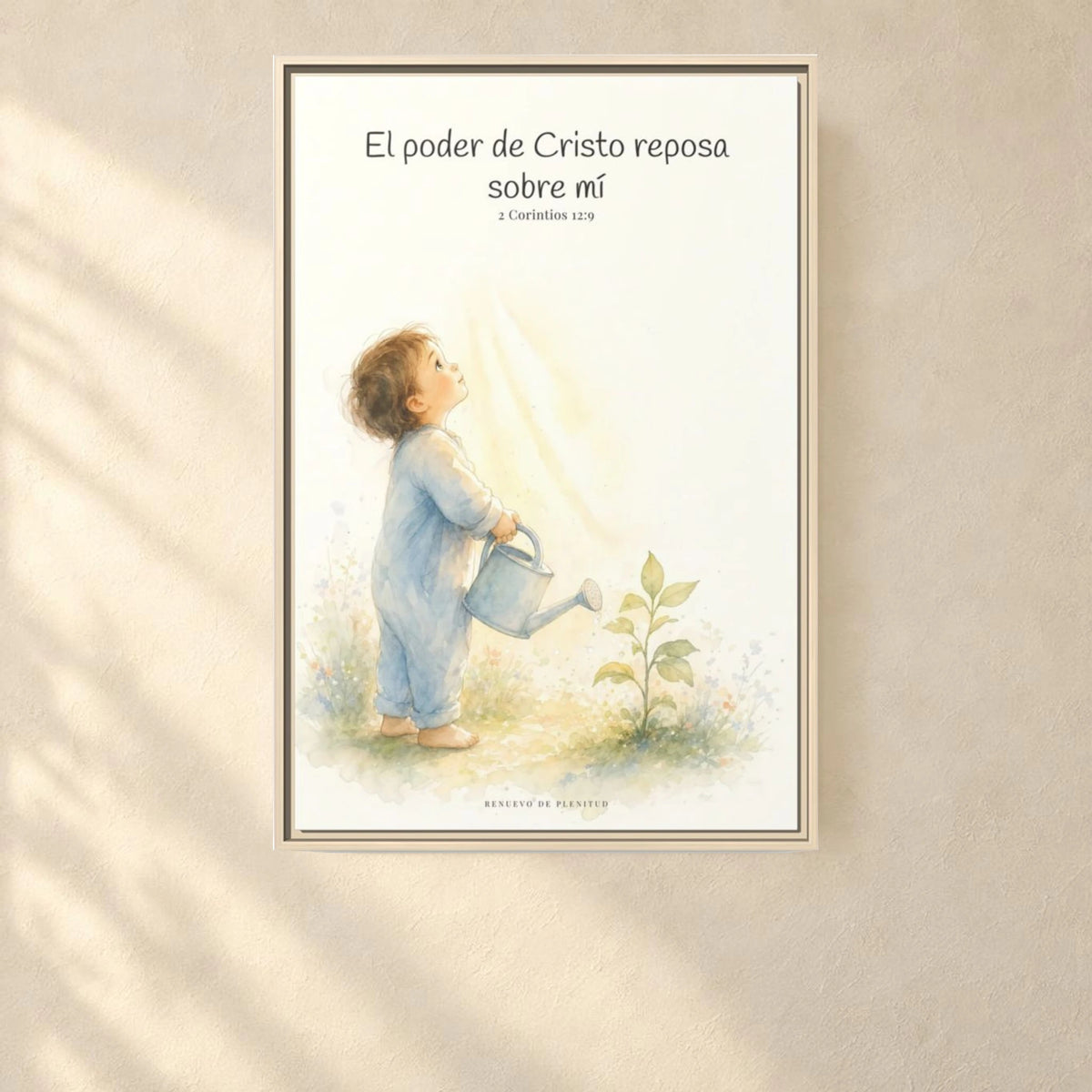 Su poder descansa sobre mí — Lienzo Cristiano Enmarcado | 2 Corintios 12:9 — 24×36 pulgadas, marco natural, vista frontal ambiental, escala física calibrada
