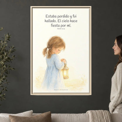 Este mi hijo perdido ha sido hallado — Lienzo Cristiano Enmarcado | Lucas 15:24 — 24×36 pulgadas, marco natural, vista frontal ambiental, escala física calibrada