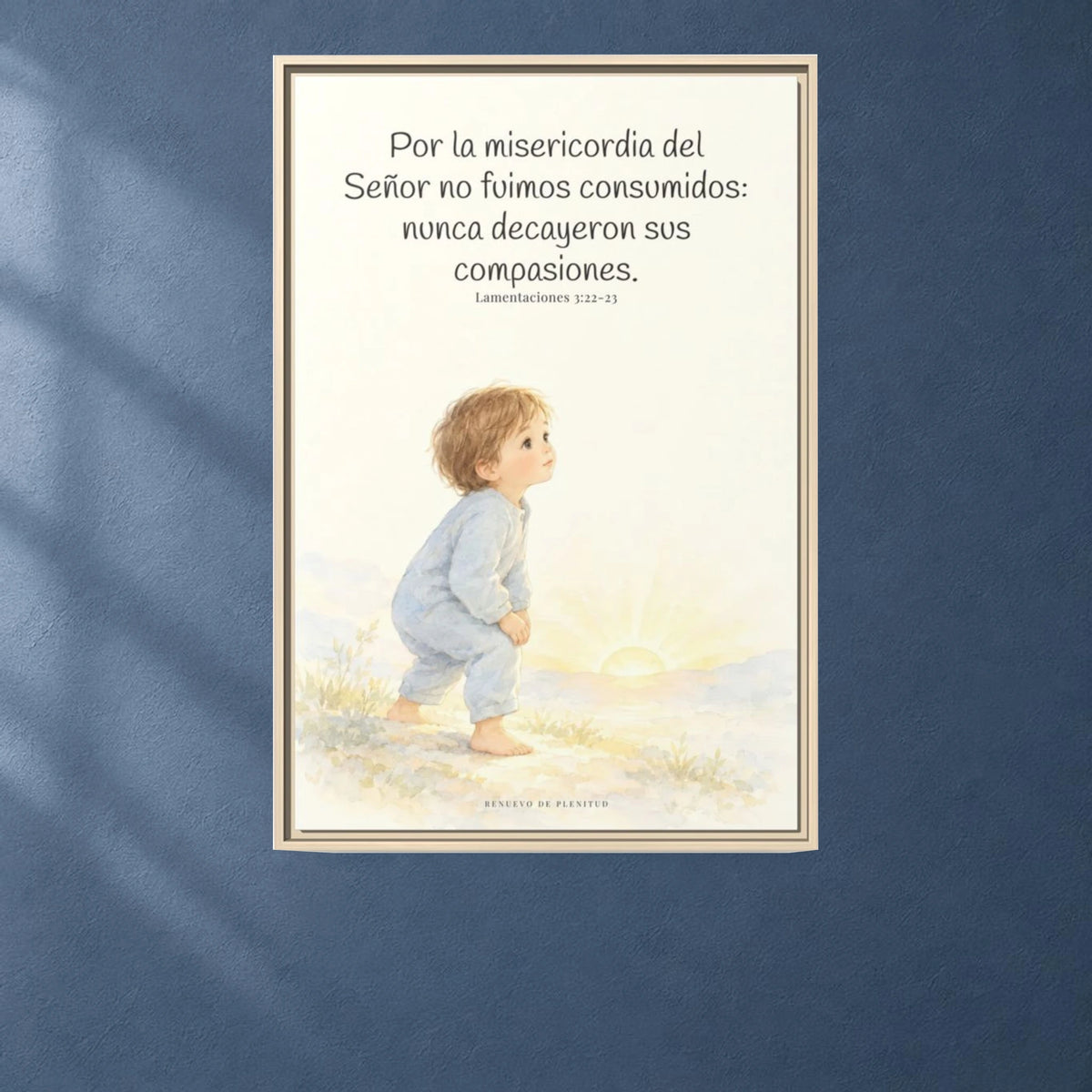 Por la misericordia de Jehová no fuimos consumidos — Lienzo Cristiano Enmarcado | Lamentaciones 3:22-23 — 24×36 pulgadas, marco natural, vista frontal ambiental, escala física calibrada