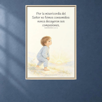 Por la misericordia de Jehová no fuimos consumidos — Lienzo Cristiano Enmarcado | Lamentaciones 3:22-23 — 24×36 pulgadas, marco natural, vista frontal ambiental, escala física calibrada