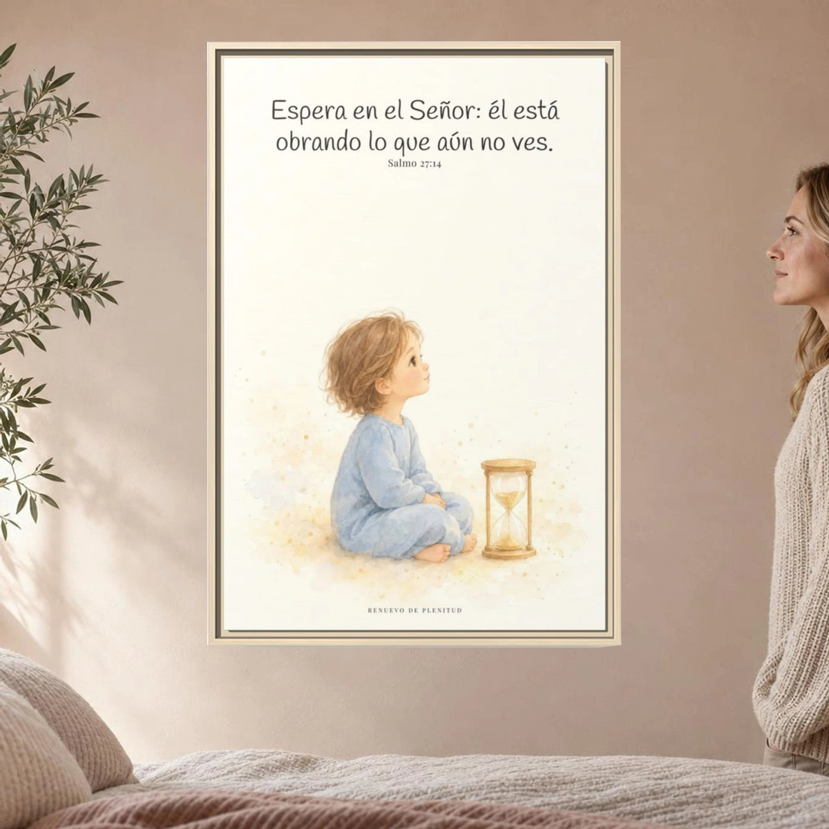 Espera en Jehová, y él te sostendrá — Lienzo Cristiano Enmarcado | Salmo 27:14 — 24×36 pulgadas, marco natural, vista frontal ambiental, escala física calibrada