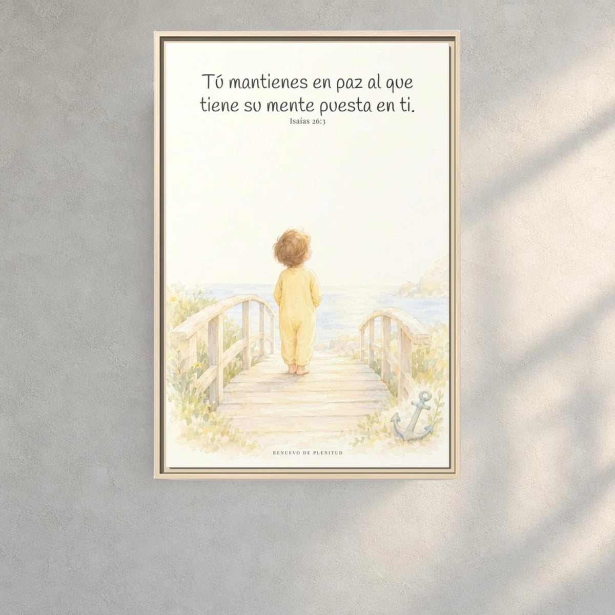 El Señor me sostiene en pensamiento firme — Lienzo Cristiano Enmarcado | Isaías 26:3 — 24×36 pulgadas, marco natural, vista frontal ambiental, escala física calibrada