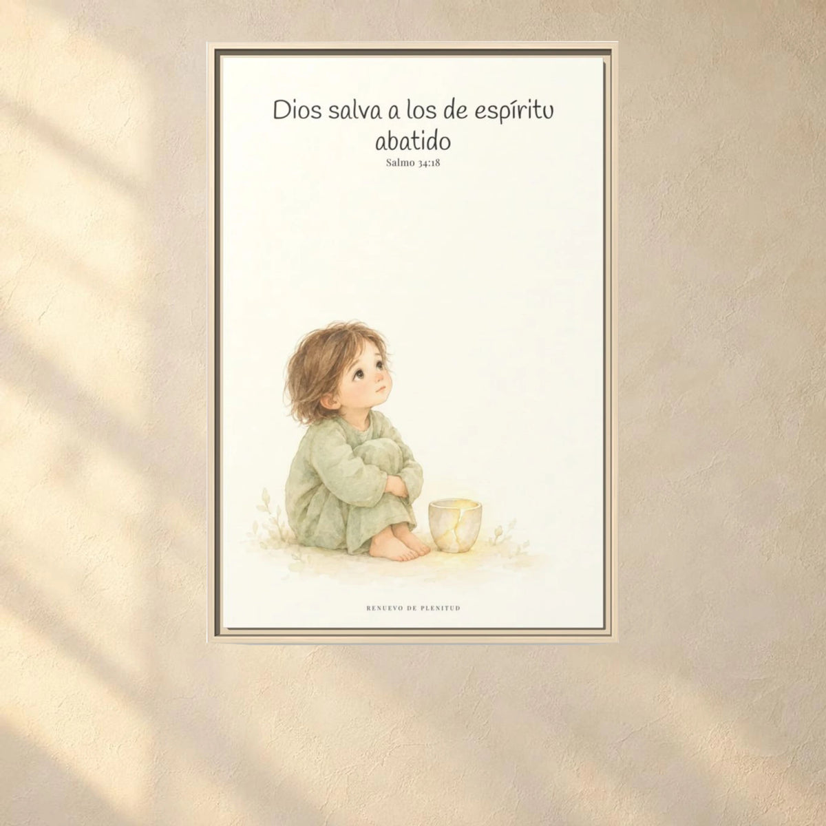 Dios salva al espíritu abatido | Lienzo de fe para el hogar | Salmo 34:18 — 24×36 pulgadas, marco natural, vista frontal ambiental, escala física calibrada