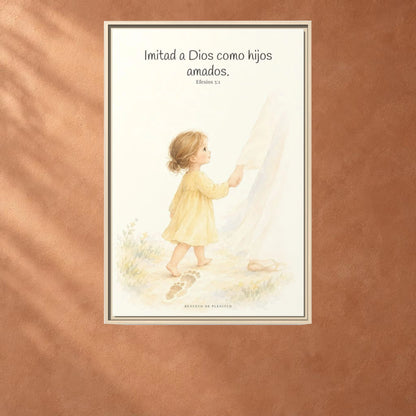Imitad a Dios como hijos amados — Lienzo Cristiano Enmarcado | Efesios 5:1 — 24×36 pulgadas, marco natural, vista frontal ambiental, escala física calibrada