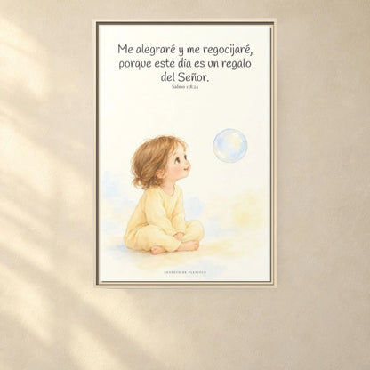 En este día me regocijaré en el Señor — Lienzo Cristiano Enmarcado | Salmo 118:24 — 24×36 pulgadas, marco natural, vista frontal ambiental, escala física calibrada