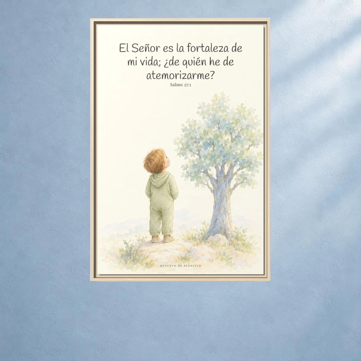 El Señor es la fortaleza de mi vida — Lienzo Cristiano Enmarcado | Salmo 27:1 — 24×36 pulgadas, marco natural, vista frontal ambiental, escala física calibrada