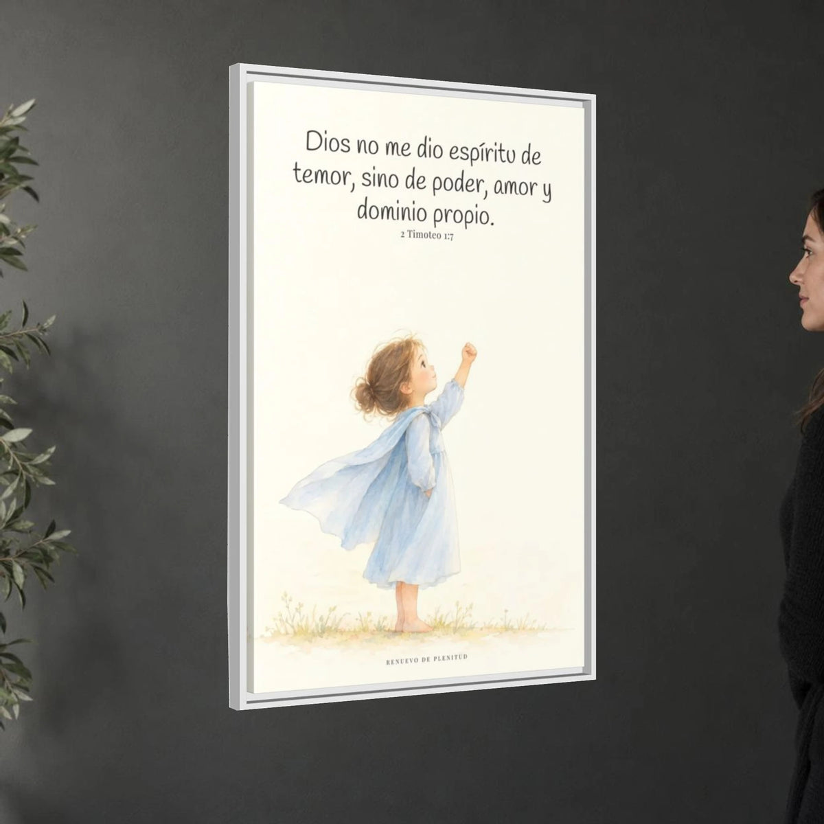 Dios me da un espíritu de poder y de amor — Lienzo Cristiano Enmarcado | 2 Timoteo 1:7 — 24×36 pulgadas, marco blanco, vista angular ambiental del marco flotante, escala física calibrada