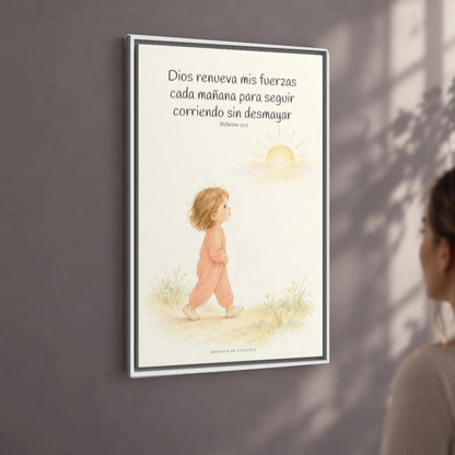 Dios me da nuevas fuerzas cada mañana | Decoración de fe para pared | Hebreos 12:1 — 24×36 pulgadas, marco blanco, vista angular ambiental del marco flotante, escala física calibrada