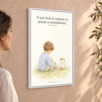 El que es lento para la ira es grande en entendimiento — Lienzo Cristiano Enmarcado | Proverbios 14:29 — 24×36 pulgadas, marco blanco, vista angular ambiental del marco flotante, escala física calibrada