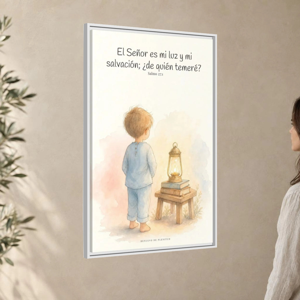 Jehová es mi luz y mi salvación — Lienzo Cristiano Enmarcado | Salmo 27:1 — 24×36 pulgadas, marco blanco, vista angular ambiental del marco flotante, escala física calibrada
