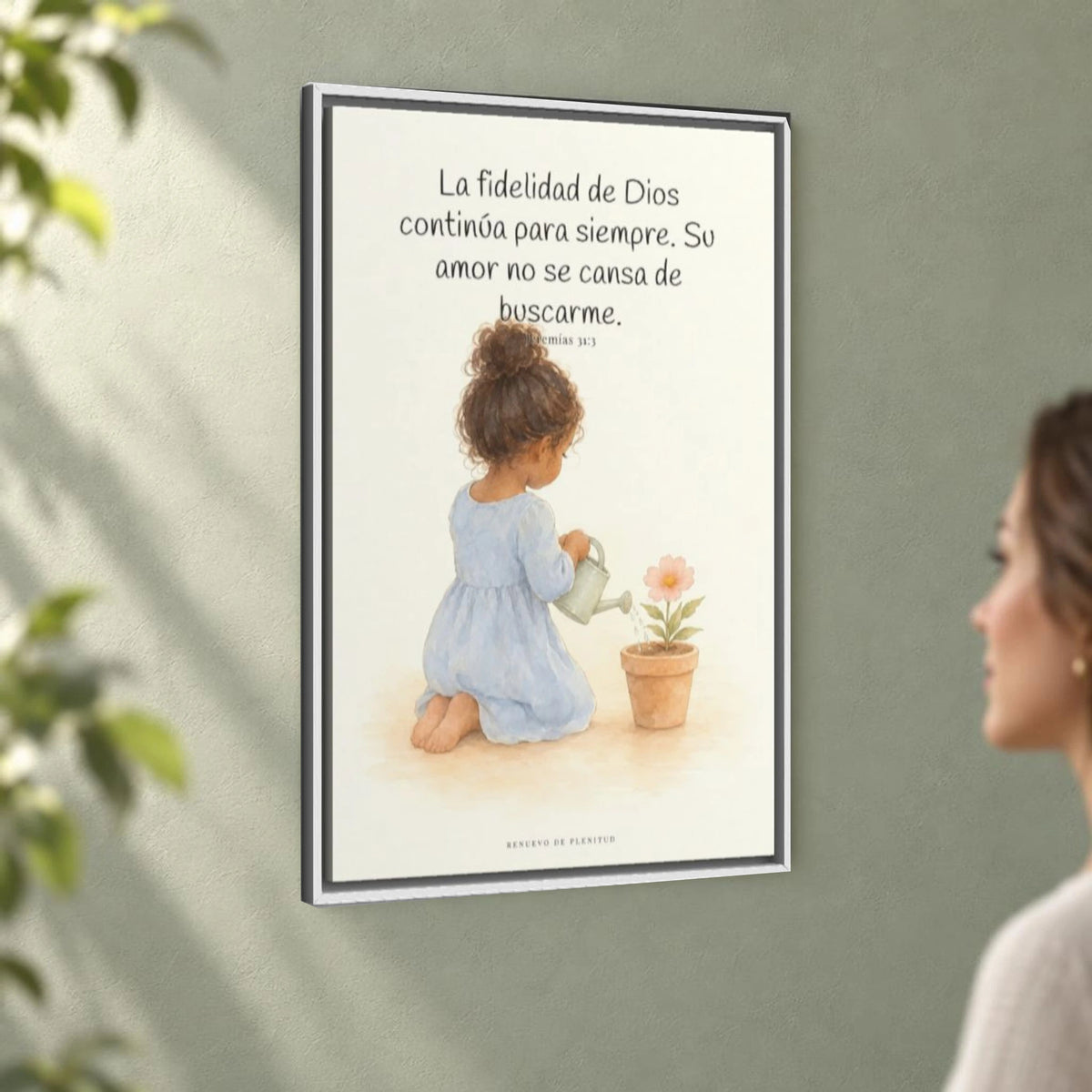 Tu fidelidad continúa para siempre | Cuadro de fe enmarcado | Jeremías 31:3 — 24×36 pulgadas, marco blanco, vista angular ambiental del marco flotante, escala física calibrada