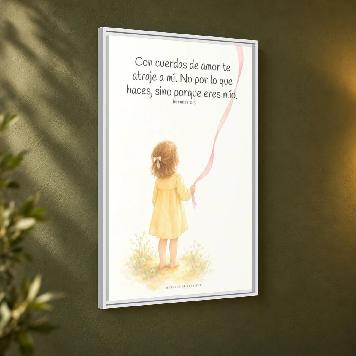 Con cuerdas de amor te atraje a mí — Lienzo Cristiano Enmarcado | Jeremías 31:3 — 24×36 pulgadas, marco blanco, vista angular ambiental del marco flotante, escala física calibrada