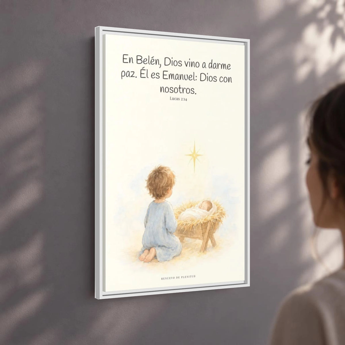 En Belén, Dios vino a darme paz — Lienzo Cristiano Enmarcado | Lucas 2:14 — 24×36 pulgadas, marco blanco, vista angular ambiental del marco flotante, escala física calibrada