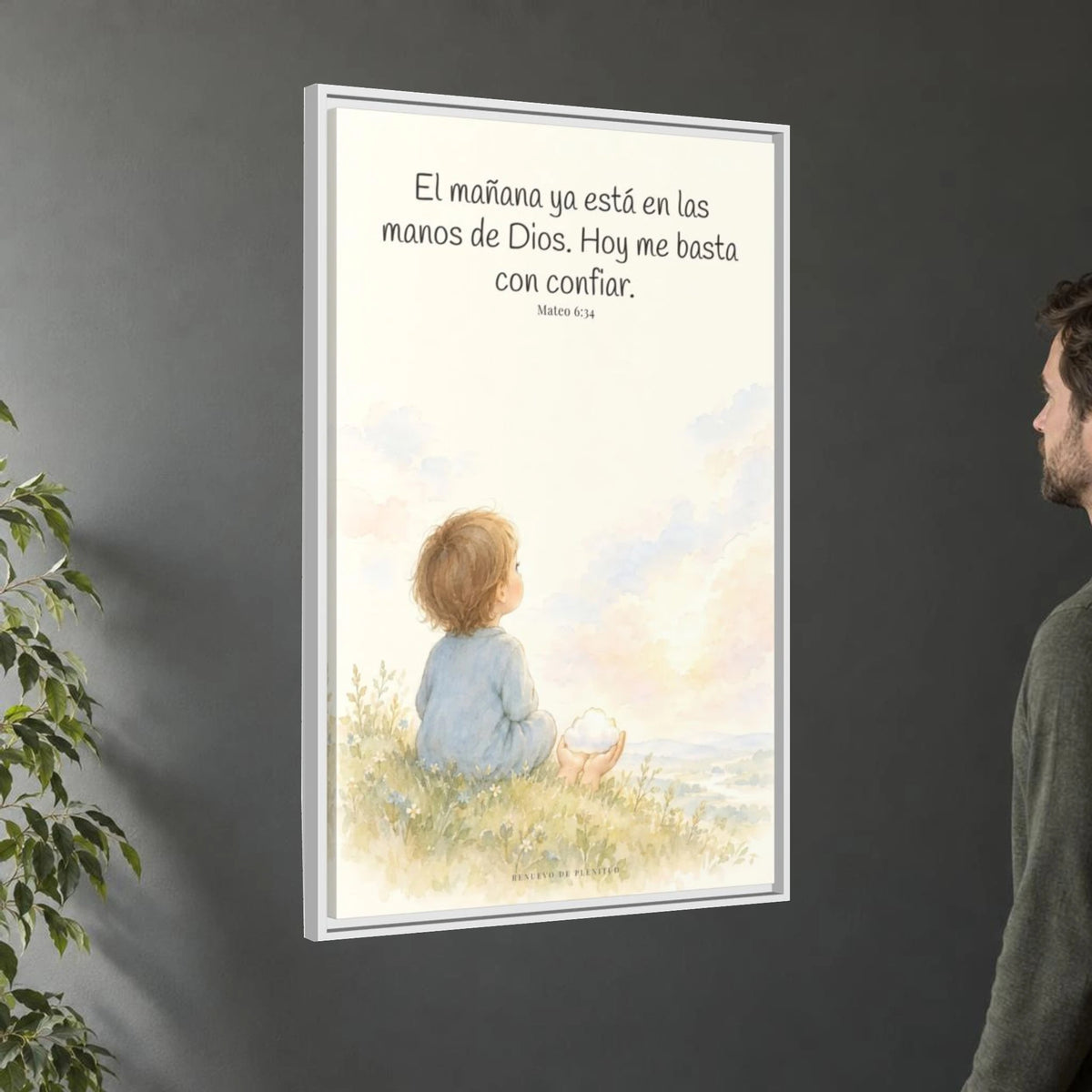 El mañana ya está en las manos de Dios — Lienzo Cristiano Enmarcado | Mateo 6:34 — 24×36 pulgadas, marco blanco, vista angular ambiental del marco flotante, escala física calibrada