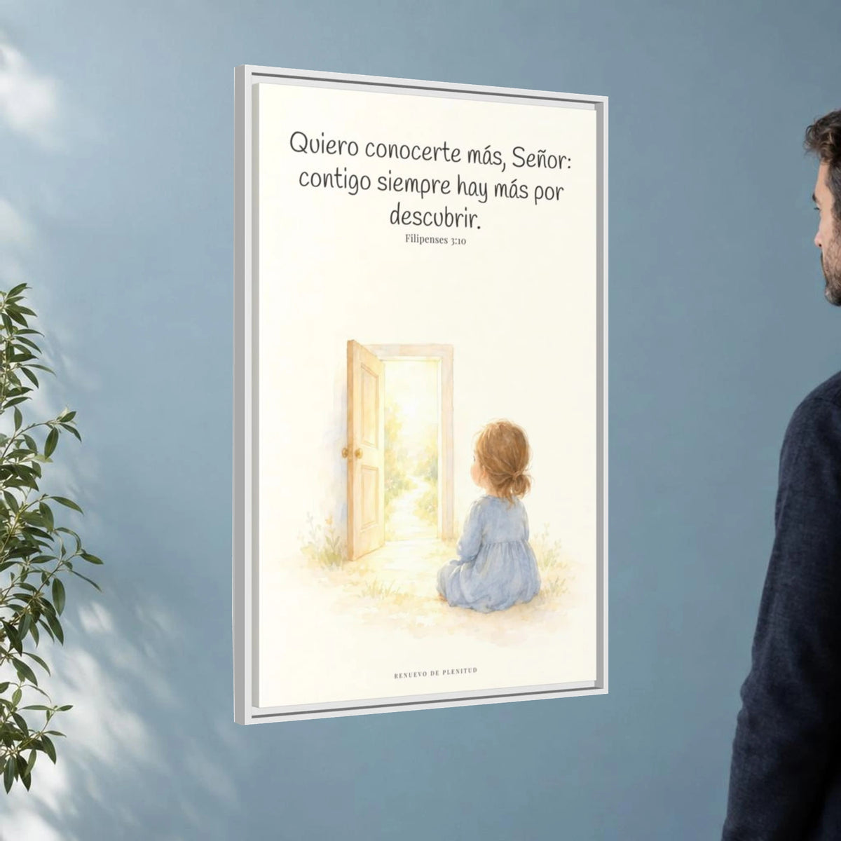 Quiero conocerte más, Señor — Lienzo Cristiano Enmarcado | Filipenses 3:10 — 24×36 pulgadas, marco blanco, vista angular ambiental del marco flotante, escala física calibrada