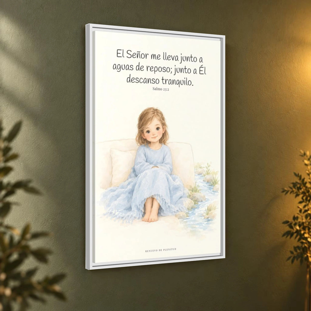 Junto a aguas de reposo me pastorea — Lienzo Cristiano Enmarcado | Salmo 23:2 — 24×36 pulgadas, marco blanco, vista angular ambiental del marco flotante, escala física calibrada
