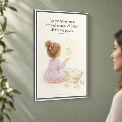 El Señor dirige mis pasos | Decoración cristiana enmarcada | Proverbios 3:5-6 — 24×36 pulgadas, marco blanco, vista angular ambiental del marco flotante, escala física calibrada