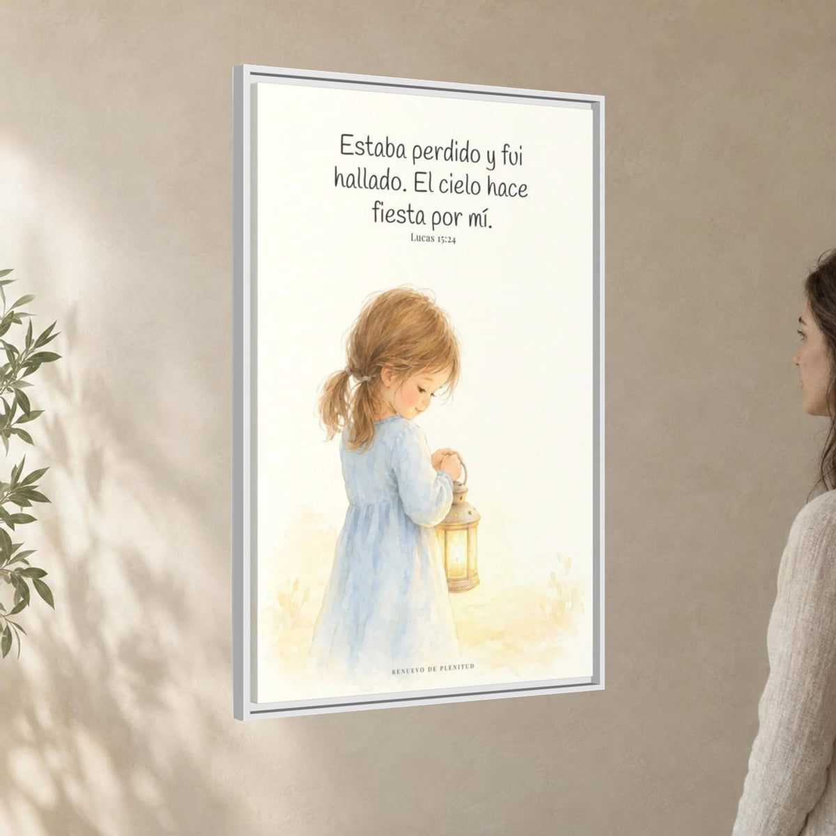 Este mi hijo perdido ha sido hallado — Lienzo Cristiano Enmarcado | Lucas 15:24 — 24×36 pulgadas, marco blanco, vista angular ambiental del marco flotante, escala física calibrada