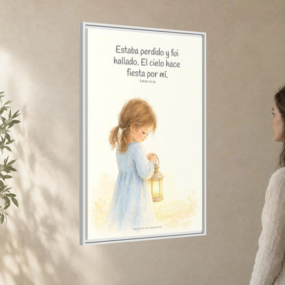Este mi hijo perdido ha sido hallado — Lienzo Cristiano Enmarcado | Lucas 15:24 — 24×36 pulgadas, marco blanco, vista angular ambiental del marco flotante, escala física calibrada