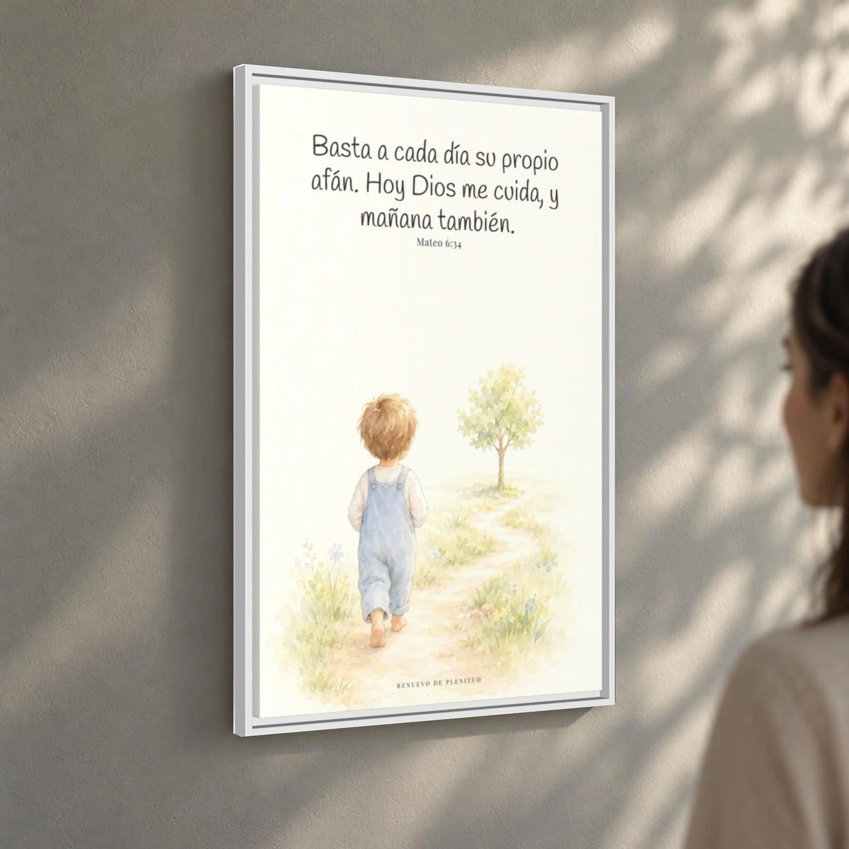 Basta a cada día su propio afán — Lienzo Cristiano Enmarcado | Mateo 6:34 — 24×36 pulgadas, marco blanco, vista angular ambiental del marco flotante, escala física calibrada