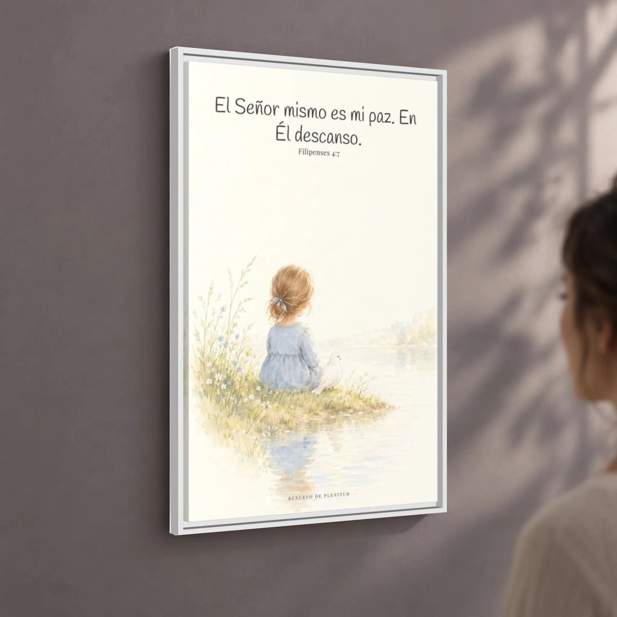 El Señor mismo es mi paz — Lienzo Cristiano Enmarcado | Filipenses 4:7 — 24×36 pulgadas, marco blanco, vista angular ambiental del marco flotante, escala física calibrada