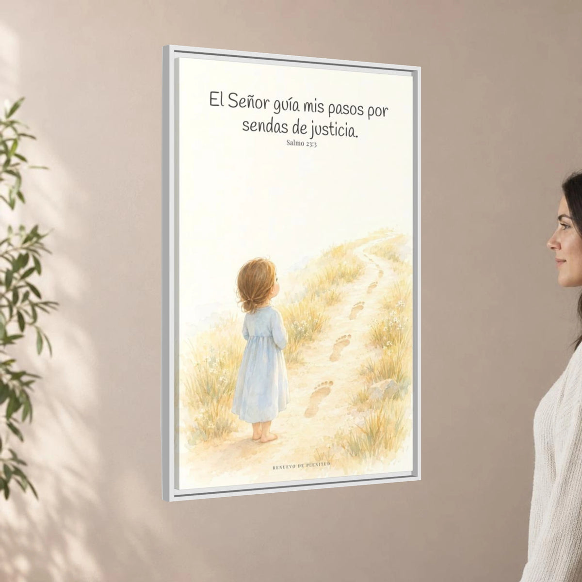 El Señor guía mis pasos — Lienzo Cristiano Enmarcado | Salmo 23:3 — 24×36 pulgadas, marco blanco, vista angular ambiental del marco flotante, escala física calibrada