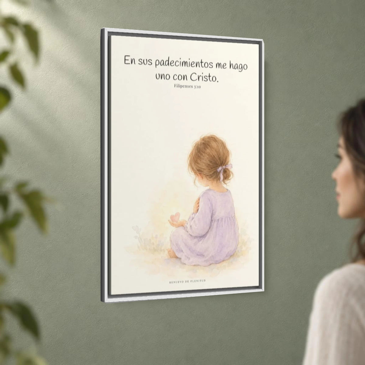 Participar de sus padecimientos me acerca a Él | Arte bíblico para pared | Filipenses 3:10 — 24×36 pulgadas, marco blanco, vista angular ambiental del marco flotante, escala física calibrada