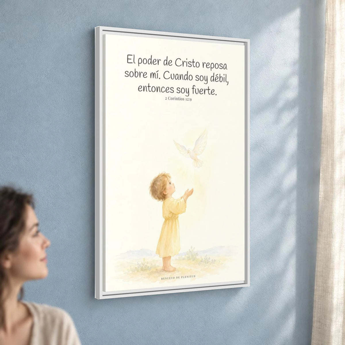 El poder de Cristo reposa sobre mí — Lienzo Cristiano Enmarcado | 2 Corintios 12:9 — 24×36 pulgadas, marco blanco, vista angular ambiental del marco flotante, escala física calibrada