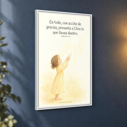 Con acción de gracias, presenta todo a Dios — Lienzo Cristiano Enmarcado | Filipenses 4:6 — 24×36 pulgadas, marco blanco, vista angular ambiental del marco flotante, escala física calibrada